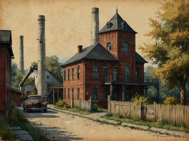 Auf dem Bild ist ein historisches Industriegebäude zu sehen, das eine typische Architektur aus der Zeit der industriellen Entwicklung in Regionen wie Linden widerspiegelt. Die Backsteinfassade und der charakteristische Stil deuten auf die Nutzung während der industriellen Revolution hin.In Linden begann die industrielle Entwicklung im 19. Jahrhundert, als zahlreiche Fabriken und Produktionsstätten eröffnet wurden. Die Nähe zu Verkehrswegen und Rohstoffen förderte das Wachstum der Industrie. Marken wie Brauereien, Maschinenbau- und Metallverarbeitungsunternehmen prägten das Stadtbild und die Wirtschaft.Die Schornsteine im Hintergrund des Bildes sind Symbole für industrielle Aktivität, während das ältere Auto darauf hinweist, dass die Umgebung in einem historischen Kontext verankert ist. Diese Elemente erzählen die Geschichte von Linden als einem Ort, der sowohl von technischem Fortschritt als auch von sozialem Wandel geprägt ist.