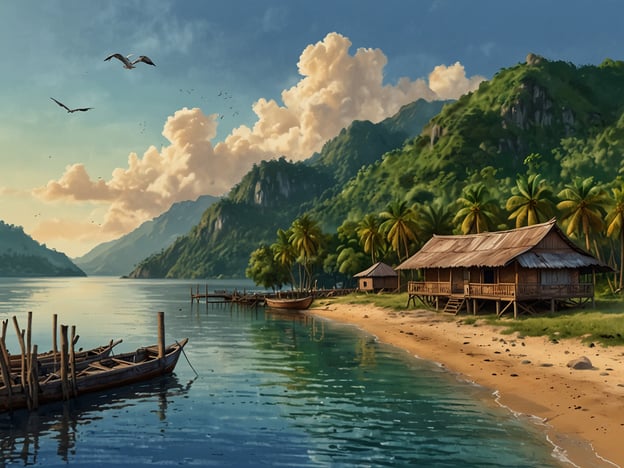 Auf dem Bild ist eine malerische Küstenlandschaft mit sanften Hügeln, einem ruhigen Gewässer und traditionellen Holzhäusern zu sehen. Palmen säumen den Strand, und einige Fischerboote liegen am Ufer.Reisetipps für Port Kaituma:1. **Naturerkundungen**: Nutzen Sie die Gelegenheit, die umliegenden Regenwälder zu erkunden. Führungen bieten Einblicke in die einzigartige Flora und Fauna der Region.2. **Bootsausflüge**: Mieten Sie ein Boot, um die Wasserwege zu erkunden. Dies ist eine großartige Möglichkeit, lokale Tierarten zu beobachten, insbesondere Vögel.3. **Lokale Kultur**: Besuchen Sie die Gemeinden in der Nähe, um mehr über die Kultur und Lebensweise der Einheimischen zu erfahren. Traditionelle Märkte sind eine gute Gelegenheit, handgefertigte Souvenirs zu erwerben.4. **Angeln**: Port Kaituma bietet hervorragende Angelmöglichkeiten. Fragen Sie nach geführten Touren, um die besten Spots zu finden.5. **Fotomöglichkeiten**: Bringen Sie eine Kamera mit! Die atemberaubende Landschaft und die bunten Sonnenuntergänge sind perfekte Motive.Viel Spaß beim Entdecken von Port Kaituma!