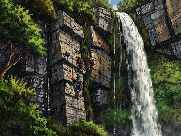 Auf dem Bild sind Kletterer zu sehen, die eine beeindruckende Felswand in der Nähe eines Wasserfalls erklimmen. Diese abenteuerliche Aktivität zeigt das Klettern in der Natur, wo Mut und Geschicklichkeit gefragt sind.Um die Fälle herum könnte man zusätzlich Abenteuer erleben, wie zum Beispiel:1. **Abseilen**: Nach dem Erklimmen der Felsen könnte man abseilen, um den Abstieg spannender zu gestalten.2. **Wanderungen durch den Dschungel**: Die Umgebung lädt dazu ein, die Vegetation zu erkunden und neue Wanderwege zu entdecken.3. **Klettern in Gruppen**: Mit Freunden eine Klettertour zu organisieren fördert Teamarbeit und macht das Erlebnis noch aufregender.4. **Fotografie von der Natur**: Die malerische Kulisse ist perfekt, um beeindruckende Fotos zu schießen.5. **Naturbeobachtungen**: Man könnte Vögel und andere Tiere beobachten, die in dieser unberührten Landschaft leben.Diese Aktivitäten bieten eine spannende Möglichkeit, die Schönheit der Natur und den Nervenkitzel des Abenteuers zu genießen!