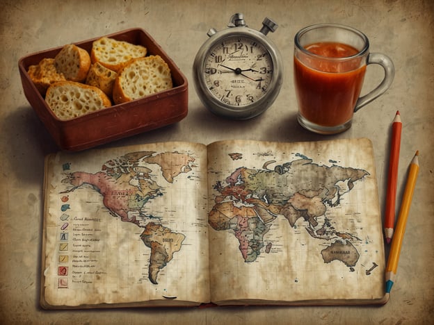 Auf dem Bild sind verschiedene Gegenstände zu sehen: ein aufgeschlagenes Atlasbuch mit einer Weltkarte, daneben befindet sich eine Uhr, ein Glas mit einer orangefarbenen Flüssigkeit (möglicherweise Saft), und ein Behälter mit Brotschnitten. Zusätzlich liegen einige Buntstifte neben dem Buch.**Praktische Tipps für deinen Besuch:**1. **Planung**: Nutze die Weltkarte, um deine Reiseziele zu planen. Markiere interessante Orte oder Aktivitäten, die du besuchen möchtest.2. **Zeitmanagement**: Halte die Uhr im Auge, um sicherzustellen, dass du deine Zeit in jedem Ort optimal nutzt.3. **Verpflegung**: Im Bild sind Snacks zu sehen. Packe dir genügend Verpflegung ein, um unterwegs Energie zu tanken.4. **Kreativität**: Nutze die Buntstifte, um deine Erlebnisse festzuhalten oder Notizen zu machen. Skizzieren kann eine schöne Erinnerung sein!5. **Trinken**: Vergiss nicht, genug Flüssigkeit zu dir zu nehmen. Trinke regelmäßig Wasser oder Saft, um hydratisiert zu bleiben.