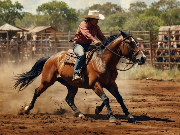 Auf dem Bild ist ein Reiter zu sehen, der mit einem Pferd in einer staubigen Arena im Rahmen eines Rodeos unterwegs ist. Diese Szene spiegelt die Traditionen des Rodeos wider, die in Nordamerika, insbesondere im Westen, verwurzelt sind.Die Wurzeln des Lethem Rodeo liegen in der Kultur der Viehzüchter und Cowboys, die sich im 19. Jahrhundert entwickelten. Ziel dieser Veranstaltungen war es, die Fähigkeiten der Cowboys im Umgang mit Rindern zu demonstrieren, darunter Techniken wie das Lasso werfen und das Reiten. Das Lethem Rodeo in Guyana ist ein lebendiges Beispiel für diese Tradition und verbindet lokale Bräuche mit den Einflüssen amerikanischer Rodeokultur.Die Darbietungen sind nicht nur Wettkämpfe, sondern auch eine Feier der lokalen Gemeinschaft und der kulturellen Identität.