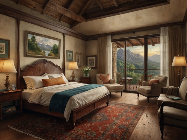 Auf dem Bild ist ein luxuriöses Schlafzimmer zu sehen, das einladend und komfortabel gestaltet ist. Die Einrichtung umfasst ein großes Bett mit dekorativen Kissen und hochwertigen Bettwaren. An den Wänden hängen kunstvolle Bilder, die eine ruhige Landschaft anzeigen, während die warmen Holz- und Farbtöne eine gemütliche Atmosphäre schaffen.Besonders hervorzuheben ist der große Balkon mit einer atemberaubenden Aussicht auf die Berge, der durch großzügige Fenster sichtbar ist. Zwei bequeme Sessel laden zum Entspannen ein, während ein Teppich den Raum zusätzlich aufwertet. Dieses Zimmer bietet den perfekten Rückzugsort für jeden Geschmack in luxuriöser Umgebung.