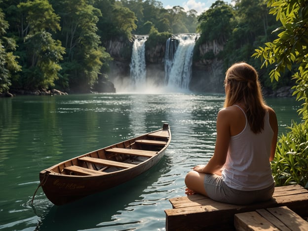 Auf dem Bild ist eine friedliche Naturszene zu sehen, die perfekt für Abenteuerlustige und Erholungssuchende geeignet ist. Eine Person sitzt am Wasser und genießt die Aussicht auf einen malerischen Wasserfall im Hintergrund. Diese Umgebung lädt ein zu verschiedenen Aktivitäten:1. **Kajakfahren**: Man könnte die ruhige Wasserfläche erkunden und den Wasserfall aus nächster Nähe erleben.2. **Wandern**: Die umliegenden Wälder bieten zahlreiche Wanderwege, die zu weiteren schönen Ausblicken führen.3. **Entspannung und Meditation**: Die Stille und Schönheit der Natur sind ideal, um zur Ruhe zu kommen und zu meditieren.4. **Fotografie**: Die beeindruckende Landschaft ist ein perfektes Motiv für Naturfotografen.5. **Picknick am Wasser**: Ein entspanntes Picknick in dieser idyllischen Umgebung wäre ebenfalls sehr angenehm.Diese Aktivitäten bieten eine wunderbare Möglichkeit, die Natur zu genießen und gleichzeitig Abenteuer zu erleben.