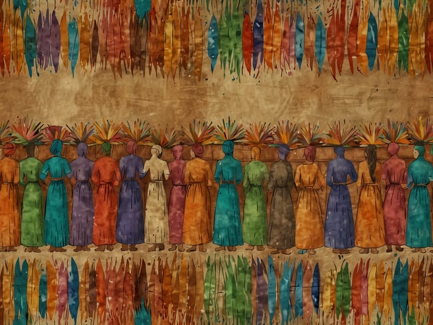 Das Bild zeigt eine Gruppe von Frauen in traditioneller Kleidung, die farbenfroh gekleidet sind und vermutlich an einem Fest oder Ritual teilnehmen. In Moraikobai, einem indigenen Gebiet in Guyana, sind solche Veranstaltungen oft Teil der kulturellen Traditionen, die Gemeinschaft, Identität und den Erhalt kultureller Praktiken stärken.Traditionelle Feste in Moraikobai, wie das Fest der Ernte oder die Feierlichkeiten zum Neujahrsfest, sind geprägt von Musik, Tänzen und rituellen Zeremonien. Die dargestellten Frauen könnten symbolisch für die Bedeutung von Gemeinschaft und Zusammenhalt stehen, die in diesen Festen zum Ausdruck kommen. Solche Rituale und Feiern sind wichtig, um die Werte und Traditionen der indigenen Kultur lebendig zu halten.