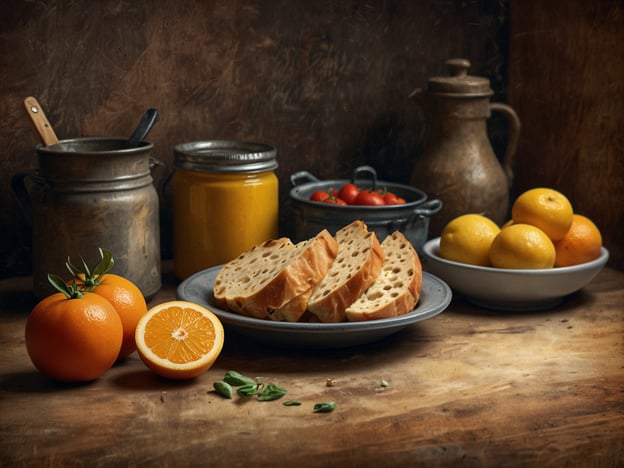 Auf dem Bild sind verschiedene Lebensmittel zu sehen, die typisch für viele kulinarische Traditionen sind. Im Vordergrund liegen frische Orangen und einige geschnittene Brotscheiben, die eine wichtige Rolle in vielen Küchen spielen. Hinter dem Brot sind kleine, rote Tomaten in einer Schüssel platziert, die oft in Salaten oder als Snacks verwendet werden.Zusätzlich sind Gläser mit gelber Konfitüre und verschiedene Tontöpfe im Hintergrund zu erkennen, was auf die Bedeutung von Konservierungsmethoden und traditionellen Zubereitungen hinweist. Die Kombination dieser Lebensmittel spiegelt eine einfache, rustikale Küche wider, die frisch und nahrhaft ist.
