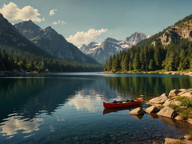 Auf dem Bild ist eine idyllische Landschaft mit einem ruhigen See, umgeben von Bergen und Wäldern. Im Vordergrund befindet sich ein rotes Kanu auf dem Wasser, das eine entspannte Atmosphäre vermittelt.### Praktische Tipps für deinen Besuch:1. **Kanuverleih**: Informiere dich über örtliche Kanustationen, um eine Bootstour auf dem See zu unternehmen.2. **Wanderungen**: Plane Wanderungen in der Umgebung. Es gibt viele gut ausgeschilderte Wanderwege, die herrliche Ausblicke bieten.3. **Ausrüstung**: Bring die richtige Ausrüstung mit, einschließlich bequemer Schuhe, Sonnencreme und Wasserflaschen.4. **Picknick**: Nutze die schönen Plätze am Ufer für ein Picknick. Vergiss nicht, deinen Müll wieder mitzunehmen.5. **Fotografie**: Halte deine Kamera bereit, um die beeindruckende Landschaft festzuhalten, besonders bei Sonnenauf- und -untergang.6. **Sicherheitsvorkehrungen**: Achte auf die Sicherheit beim Kanu fahren und informiere dich über die Wetterbedingungen.Genieße deinen Besuch in dieser wunderschönen Natur!