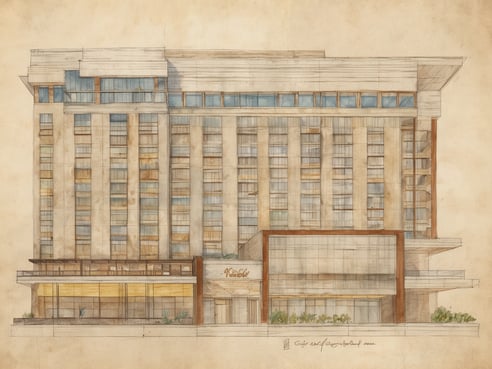 Darstellung des Nobu Hotels Caesars in New Orleans, ein modernes, mehrstöckiges Gebäude mit klaren Linien und großen Fenstern. Der Eingang ist verspielt gestaltet und umfasst eine überdachte Terrasse. Die Fassade zeigt eine harmonische Kombination aus hellen und dunkleren Farben, die Eleganz und Luxus vermitteln. Um das Hotel ist eine grüne Bepflanzung zu sehen, die für eine einladende Atmosphäre sorgt.
