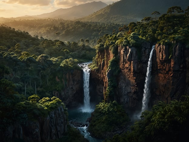 Auf dem Bild sind atemberaubende Wasserfälle zu sehen, die in einen klaren Fluss stürzen, umgeben von üppigem, grünen Regenwald und sanften Hügeln im Hintergrund. Diese Landschaft lädt zu abenteuerlichen Wanderungen ein.Für Abenteuerlustige könnte eine Wanderoute in einer ähnlichen Umgebung folgende Punkte beinhalten:1. **Wanderung zu den Wasserfällen**: Beginne bei einem Parkplatz in der Nähe und folge einem markierten Wanderweg, der dich durch dichten Wald führt. Halte Ausschau nach wildlebenden Tieren und Pflanzen entlang des Weges.2. **Aussichtspunkte**: Suche nach Aussichtspunkten, die einen spektakulären Blick auf die Wasserfälle und die umliegende Landschaft bieten. Ideal für eine kurze Rast und Fotomotive.3. **Flusswanderung**: Wenn die Bedingungen es erlauben, kannst du auch dem Flusslauf folgen, um die Natur aus nächster Nähe zu erleben. Achte darauf, sichere Stellen zum Überqueren zu finden.4. **Naturschutzgebiete**: Besuche angrenzende Naturschutzgebiete, um mehr über die lokale Flora und Fauna zu lernen. Viele dieser Gebiete bieten geführte Touren an.5. **Campingerlebnisse**: Wenn du mehr Zeit hast, plane eine Übernachtung in der Nähe der Wasserfälle, um den Sonnenuntergang und die Geräusche der Natur in der Nacht zu genießen.Diese Art von Wanderung verspricht Abenteuer und ermöglicht es, die Schönheit der Natur intensiv zu erleben.