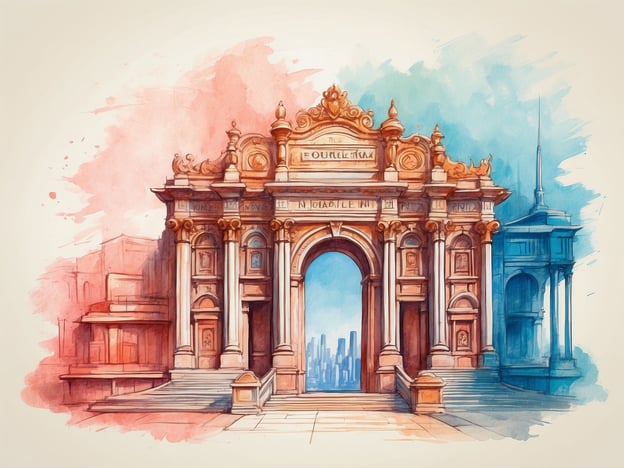 Auf dem Bild ist ein architektonisches Bauwerk zu sehen, das an einen Triumphbogen oder ein historisches Tor erinnert, umgeben von einer malerischen, aquarellartigen Darstellung. Der Hintergrund zeigt urbane Elemente, die auf eine Stadt hinweisen könnten.Da ich keine spezifischen Informationen über das dargestellte Gebäude oder den Standort habe, kann ich keine Eintrittspreise oder Öffnungszeiten angeben. Wenn es sich um eine bekannte Sehenswürdigkeit handelt, empfehle ich, die offizielle Website oder lokale Touristeninformationen zu konsultieren, um aktuelle Informationen zu erhalten.