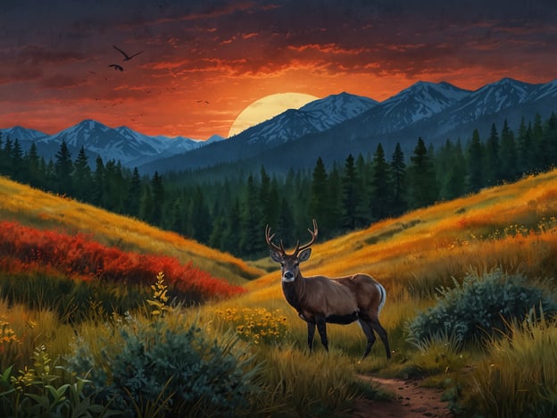 Auf dem Bild ist eine malerische Landschaft mit einem Hirsch im Vordergrund zu sehen. Der Sonnenuntergang taucht die Berge und die Wiesen in warmes Licht, während die Bäume und die bunten Pflanzen im Vordergrund die Szene bereichern.**Praktische Tipps für deinen Besuch:**1. **Kleidung:** Ziehe bequeme und wetterfeste Kleidung an, die dich vor Kälte oder Nässe schützt, besonders wenn du in den Bergen wandern möchtest.2. **Ausrüstung:** Bring ein Fernglas mit, um die Tierwelt besser beobachten zu können, insbesondere bei Dämmerung.3. **Fotografie:** Wenn du die Landschaft festhalten möchtest, plane deinen Besuch während der goldenen Stunde (kurz vor Sonnenuntergang) für das beste Licht.4. **Sicherheit:** Halte Abstand zu wilden Tieren und respektiere ihren Lebensraum. Achte darauf, dass du ausreichend Wasser und Snacks dabeihast.5. **Naturbeobachtung:** Sei ruhig und geduldig, um die Natur und eventuell Tiere in ihrer natürlichen Umgebung zu erleben.