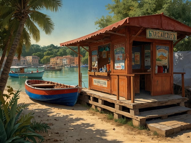 Auf dem Bild ist ein malerischer Stand am Wasser zu sehen, umgeben von tropischen Pflanzen und einem kleinen Boot. Im Hintergrund erkennt man eine ruhige Bucht mit weiteren Booten und farbenfrohen Häusern, die einen charmanten Hafen bilden.Wenn du die Regatta besuchen möchtest, informiere dich über die genauen Termine und Veranstaltungen. Viele Regatten bieten spezielle Aktivitäten für Besucher, darunter Bootstouren, lokale Händler und Essenstände. Vergiss nicht, dir die besten Plätze zu sichern, um die Rennen optimal zu verfolgen!