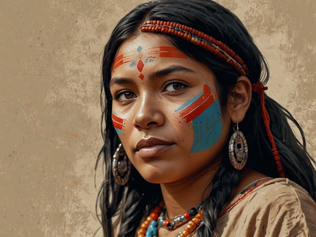 Auf dem Bild ist eine junge Frau mit traditioneller Gesichtsbemalung und indigenen Schmuckstücken zu sehen. Sie trägt ein einfaches, traditionelles Kleid und ist umgeben von einem schlichten, neutralen Hintergrund, der ihre kulturellen Merkmale hervorhebt.Events und Workshops, die indigenes Kultur erleben, könnten sich mit der Bedeutung der Gesichtsbemalung, typischen Schmuckstücken oder der traditionellen Kleidung befassen. Solche Veranstaltungen bieten oft Einblicke in die Bräuche, Kunst und das Handwerk der indigenen Völker, was eine wertvolle Gelegenheit bietet, mehr über diese reiche Kultur zu lernen und zu erfahren.