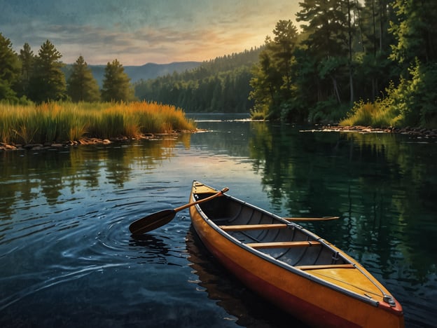 Auf dem Bild ist ein ruhiger Fluss zu sehen, auf dem ein Kanu schwimmt. Die Umgebung ist von üppigen Bäumen und Gras bewachsen, und die Wasseroberfläche spiegelt die natürliche Schönheit der Landschaft wider. Hier sind einige Aktivitäten und Erlebnisse, die Besucher in solch einer Umgebung genießen könnten:1. **Kanufahren**: Ein herrliches Erlebnis für die ganze Familie, das es ermöglicht, die Landschaft aus einer anderen Perspektive zu genießen.2. **Angelmöglichkeiten**: Der Fluss könnte ideale Bedingungen zum Angeln bieten, was für Angelfreunde ein entspannendes Hobby darstellt.3. **Picknicken am Ufer**: Besucher könnten die Natur genießen, indem sie ein Picknick am Ufer des Flusses veranstalten.4. **Wanderungen**: Die Umgebung lädt zu Wandertouren ein, um die Schönheit der Natur und die Tierwelt zu erkunden.5. **Fotografie**: Die malerische Szene eignet sich hervorragend für Fotografen, die die Ruhe und den Anblick der Natur festhalten möchten.6. **Vogelbeobachtung**: Viele Vogelarten könnten in der Nähe leben, was es zu einem idealen Ort für Vogelbeobachter macht.Diese Aktivitäten bieten eine wunderbare Möglichkeit, sich mit der Natur zu verbinden und die Freizeit zu genießen.