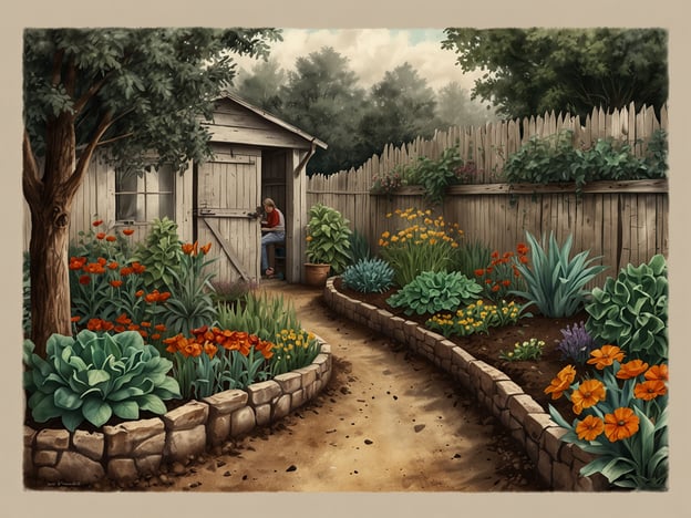 Auf dem Bild ist ein idyllischer Garten mit bunten Blumen und Gemüseflächen zu sehen, in dem eine Person an einer kleinen Holzhütte sitzt. Solche Gärten fördern nachhaltige Initiativen vor Ort, indem sie Urban Gardening und biodiversitätsschonende Anbaumethoden unterstützen. Gemeinschaftsgärten können auch den Austausch von Pflanzen und Wissen unter Nachbarn fördern, was zu einer stärkeren Gemeinschaft führt. Darüber hinaus tragen sie zur Verbesserung der Luftqualität und zur Förderung der Artenvielfalt bei.