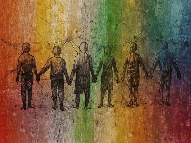 Auf dem Bild sind mehrere Personen zu sehen, die Händchen haltend ineinander greifen. Die siluettenhaften Figuren stehen in einer Reihe und bilden eine Verbindung zueinander. Der Hintergrund ist in leuchtenden Farben gestaltet, die an Vielfalt und Gemeinschaft erinnern.Diese Darstellung symbolisiert Partnerschaften und Zusammenarbeit, indem sie die Bedeutung der Gemeinschaft und den Zusammenhalt zwischen Menschen betont. Die bunten Farben können auch für unterschiedliche Kulturen und Identitäten stehen, die in gegenseitiger Unterstützung und Harmonie miteinander verbunden sind. Solche Darstellungen fördern das Verständnis, dass Zusammenarbeit der Schlüssel zum Fortschritt und zur Stärkung von Beziehungen ist.