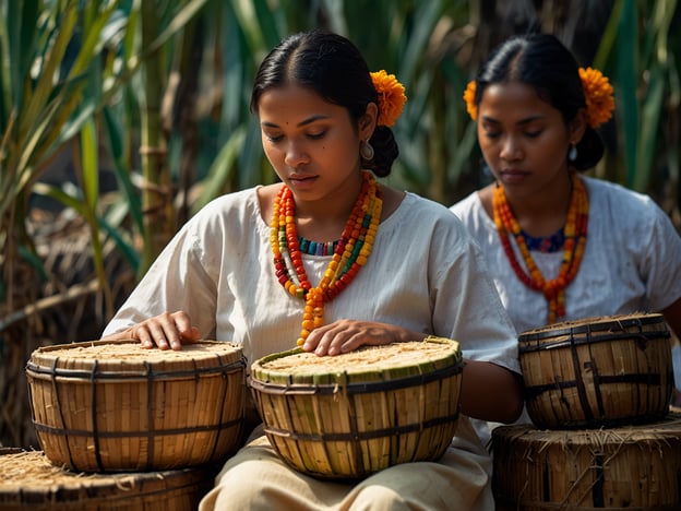 Auf dem Bild sind zwei Frauen zu sehen, die offenbar mit der Zuckerrohrernte beschäftigt sind. Um diese Zeit der Ernte zeigen viele Kulturen traditionelle Bräuche, die oft mit Musik, Tanz und festlichen Aktivitäten verbunden sind. In vielen Zuckerrohr-Anbaugebieten ist es üblich, die Ernte mit farbenfrohen Kleidern und Schmuck zu feiern, was die Bedeutung der Ernte für die Gemeinschaft unterstreicht.Die Verarbeitung des Zuckerrohrs kann auch Gemeinschaftsaktivitäten umfassen, bei denen Lieder gesungen und traditionelle Instrumente gespielt werden. In manchen Regionen werden Feste organisiert, um den Abschluss der Ernte zu feiern, und es werden typischerweise lokale Speisen und Getränke angeboten, die aus Zuckerrohr hergestellt werden. Die Frauen auf dem Bild könnten Teil solcher festlichen Traditionen sein, die die Verbundenheit mit der Natur und der Gemeinschaft symbolisieren.