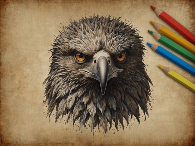 Auf dem Bild ist der Kopf eines Adlers zu sehen, umgeben von Buntstiften. Es zeigt das detaillierte Gefieder und die markanten Augen des Vogels.Wenn man die besten Strände von Aruba erwähnt, könnte man sich vorstellen, wie majestätische Vögel über die schönen Strände wie Eagle Beach oder Palm Beach fliegen, während die sanften Wellen an den weißen Sandstrand rollen.
