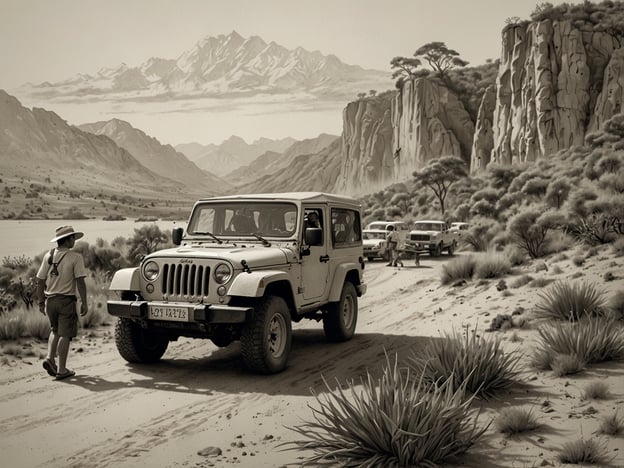 Auf dem Bild ist eine Abenteuerszene in einer malerischen Landschaft zu sehen, die von Bergen und einer weitläufigen, trockenen Umgebung geprägt ist. Ein Jeep steht auf einer sandigen Straße, und es sind weitere Fahrzeuge in der Nähe. Eine Person in einem Hut wandert offenbar näher zum Jeep.Mögliche Aktivitäten auf der Insel könnten Offroad-Touren mit Jeeps sein, um die unberührte Natur zu erkunden, geführte Wanderungen durch die Landschaft, sowie Bootsfahrten auf nahegelegenen Gewässern. Abenteuerlustige könnten auch Vogelbeobachtungen oder Fotografie in der beeindruckenden Kulisse genießen.