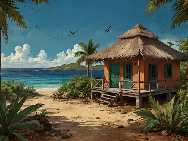 Auf dem Bild ist eine idyllische Strandlandschaft mit einem kleinen, orangefarbenen Häuschen zu sehen, das über eine Veranda verfügt. Umgeben von tropischen Pflanzen und Palmen bietet die Szene einen direkten Blick auf das Meer und die sanften Wellen. Im Hintergrund sind einige Wolken und eine weitere Insel sichtbar.Bonaire ist ein perfekter Ort für Naturliebhaber, denn abgesehen von den ausgezeichneten Tauchmöglichkeiten kann man hier auch die vielfältige Flora und Fauna entdecken. Wanderungen durch die wunderschöne Natur, Vogelbeobachtungen und das Erkunden der Küstenlandschaften bieten zahlreiche Erlebnisse jenseits des Tauchens.