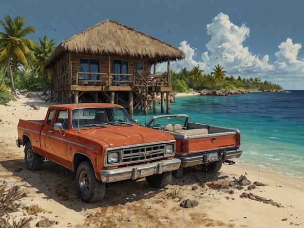 Auf dem Bild sind zwei alte Pick-up-Trucks zu sehen, die an einem Strand stehen, vor einem traditionellen Holzhaus mit einem strohgedeckten Dach. Im Hintergrund sind Palmen und das türkisfarbene Wasser eines Ozeans sichtbar.In Bezug auf nachhaltigen Tourismus auf Bonaire ist es wichtig, die natürliche Schönheit und die einheimische Umwelt zu bewahren. Projekte, die auf umweltfreundliche Bauweisen, die Erhaltung von Lebensräumen und den Schutz der lokalen Flora und Fauna abzielen, sind entscheidend. Die Förderung von lokalen Unternehmungen, die umweltbewusste Aktivitäten wie Tauchen oder Vogelbeobachtung anbieten, kann den Tourismus nachhaltig gestalten und gleichzeitig die Kultur und Natur von Bonaire respektieren.