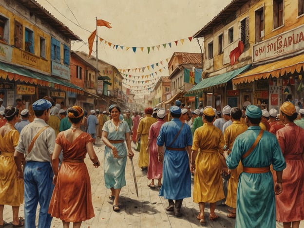Auf dem Bild sieht man eine belebte Straßenansicht, die eine lebendige Szene aus einem Markt oder Fest darstellt. Menschen in bunter Kleidung schlendern durch die Straße, umgeben von geschäftigen Geschäften und bunten Fähnchen, die hoch über den Köpfen hängen. Diese Atmosphäre könnte zu einem kulturellen Erlebnis oder einem lokalen Fest gehören, wie beispielsweise einem Erntedankfest oder einem traditionellen Markt, wo verschiedene Stände lokale Spezialitäten und Handwerkskunst anbieten.Die klangvolle Kulisse vermittelt ein Gefühl von Gemeinschaft und Feierlichkeit, was oft bei lokalen Festen der Fall ist. Solche Ereignisse fördern den Austausch von Traditionen, Musik und Tanz, und bringen Menschen zusammen, um kulturelle Bräuche lebendig zu halten.