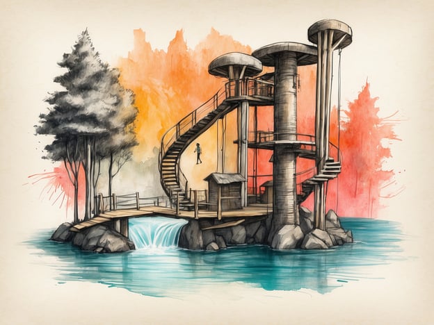Auf dem Bild ist eine künstlerische Darstellung einer Holzplattform zu sehen, die auf einem Wasser platziert ist. Die Plattform hat eine Treppe und mehrere Stockwerke, die auf Pfosten stehen. Im Hintergrund sind Bäume und eine farbenfrohe, künstlerische Darstellung des Himmels zu sehen, die orange und rote Töne zeigt.
Wenn man sich in einem Kletterwald befindet, ist Sicherheit besonders wichtig. Achte darauf, immer das Geschirr richtig anzulegen, die Sicherheitsanweisungen zu befolgen und auf Signale der Trainer zu achten. Achte auch darauf, dass kein unnötiger Abstand zwischen dir und der Sicherheitsleine entsteht.