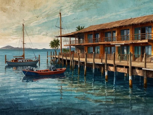 Auf dem Bild ist ein malerischer Hafen mit mehreren Booten und einem Holzsteg zu sehen, der zu einem schönen Gebäude führt. Diese Szene könnte ein Beispiel für nachhaltigen Tourismus sein, da der Standort möglicherweise umweltfreundliche Praktiken fördert, um die natürliche Schönheit der Küstenregion zu bewahren.Umweltschutz spielt hier eine zentrale Rolle: Der bewusst gestaltete Bau könnte aus nachhaltigen Materialien bestehen und Funktionen bieten, die den ökologischen Fußabdruck minimieren. Die Nutzung von Booten und Aktivitäten, die in Harmonie mit der Natur stehen, könnte Touristen anziehen, die Wert auf ökologische Verantwortung legen. Diese Art von Tourismus fördert nicht nur den Schutz der Umwelt, sondern auch die wirtschaftliche Entwicklung der Region, indem sie auf umweltfreundliche Alternativen setzt und die lokale Kultur respektiert.