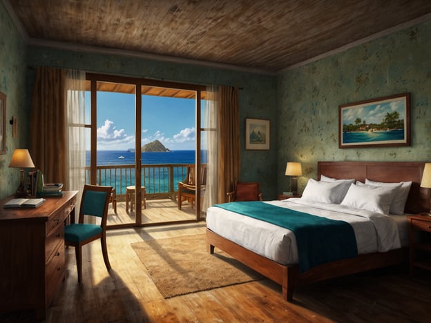 Auf dem Bild ist ein gemütliches Hotelzimmer mit Blick auf das Meer zu sehen. Es verfügt über ein großes Bett, einen Schreibtisch, Stühle und eine Terrasse mit Aussicht auf eine kleine Insel. Die Einrichtung hat einen einladenden, karibischen Charme.Für deine Reiseplanung in die Karibik könntest du Folgendes berücksichtigen:1. **Unterkunft**: Wähle ein schönes Hotel oder eine Ferienwohnung mit Meerblick, wie auf dem Bild, um die entspannte Atmosphäre zu genießen.2. **Aktivitäten**: Plane Ausflüge zum Schnorcheln, Segeln oder Erkunden von nahegelegenen Inseln. Denke an Folklore-Events oder lokale Märkte.3. **Essen**: Probiere die lokale karibische Küche in Restaurants oder kleinen Imbissen, um die Kultur hautnah zu erleben.4. **Transport**: Überlege, ob du ein Auto mieten oder öffentliche Verkehrsmittel nutzen möchtest, um die Umgebung zu erkunden.5. **Zeit für Entspannung**: Lass auch Zeit zum Entspannen am Strand oder auf deiner Terrasse, um die Aussicht und die Atmosphäre der Karibik in vollen Zügen zu genießen.