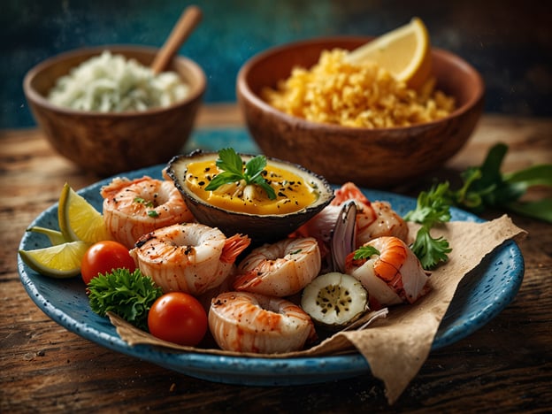 Auf dem Bild ist eine köstliche Auswahl an Meeresfrüchten zu sehen, die die kulinarischen Highlights einer Insel repräsentieren. Es gibt frische Garnelen, die oft in der lokalen Küche geschätzt werden, sowie verschiedene Beilagen wie eine exotische Sauce, die möglicherweise aus Avocado oder einer ähnlichen Frucht besteht.
Zusätzlich sind auch Zitronenscheiben und frische Kräuter wie Petersilie zu sehen, die Geschmack und Frische hinzufügen. Im Hintergrund sieht man wahrscheinlich Reis, ein typisches Beilagegericht, und可能 еще eine Gemüsebeilage. Die Mischung von Farben und Texturen macht dieses Gericht zu einem optischen sowie geschmacklichen Erlebnis, das die Aromen der Region widerspiegelt.