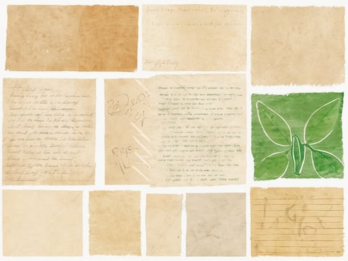 Das Bild zeigt eine Collage aus verschiedenen Papierschnipseln in unterschiedlicher Farbe und Textur. Einige Papiere sind beschriftet, während andere leer oder in einer hellen Farbe gehalten sind. In der oberen rechten Ecke befindet sich ein grünes Feld mit einer weißen Zeichnung, die zwei stilisierte Blätter darstellt. Die Anordnung der Papiere ist asymmetrisch und erzeugt eine abwechslungsreiche visuelle Komposition.