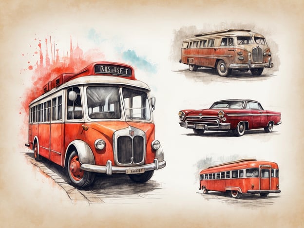 Auf dem Bild sind verschiedene klassische Fahrzeuge zu sehen, darunter ein roter Bus, ein Oldtimer sowie ein weiteres orangefarbenes Busmodell. Diese Art von Kunstwerk könnte auf ein nostalgisches Thema abheben, das sich mit historischen Verkehrsmitteln beschäftigt.
Da es sich um eine Illustration handelt und keine spezifischen Preise oder Öffnungszeiten angegeben sind, kann ich keine Informationen dazu bereitstellen. Wenn du mehr über reale Ausstellungen oder Veranstaltungen zu ähnlichen Themen erfahren möchtest, lass es mich wissen!