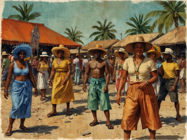 Auf dem Bild sind mehrere Menschen in traditionellen Kleidungen zu sehen, die in einer belebten Marktsituation oder auf einem Fest stehen. Diese Szene erinnert an die lebhaften kulturellen Erlebnisse auf Aruba, wie den Bon Bini Festival, der die lokale Musik, Tanz und Folklore feiert.
Die bunten Kleider und Hüte der Personen könnten auch auf die fröhliche Atmosphäre und das Erbe der Aruba-Kultur hinweisen, das von einem Mix aus afrikanischen, europäischen und indigenen Einflüssen geprägt ist. An solchen Orten kann man oft lokale Handwerkskunst und leckere tropische Speisen genießen, was das kulturelle Erlebnis auf der Insel bereichert.