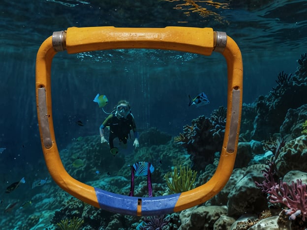 Auf dem Bild ist eine schnorchelnde Person unter Wasser zu sehen, die durch einen orangefarbenen Rahmen betrachtet wird. Um sie herum schwimmen verschiedene bunte Fische und Korallen.Für Anfänger: Schnorcheln ermöglicht es dir, die Unterwasserwelt bequem und sicher zu erkunden. Es ist wichtig, eine passende Maske und einen Schnorchel zu verwenden, um klar zu sehen und leicht atmen zu können.Für Fortgeschrittene: Achte darauf, ruhig zu atmen und deine Schwimmtechnik zu optimieren, um das Wasser perfekt zu genießen. Das Beobachten der Meeresfauna in ihrer natürlichen Umgebung ist eine wichtige Fähigkeit, um die Unterwasserwelt besser zu verstehen und respektieren.