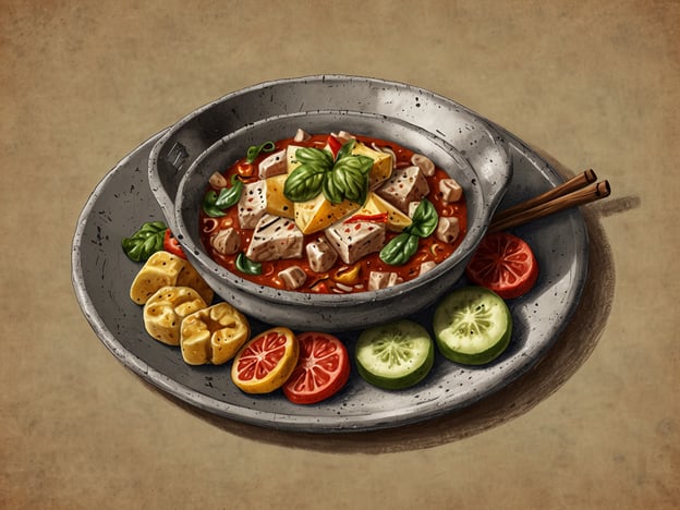 Auf dem Bild ist ein gefüllter Teller mit einer appetitlichen Speise zu sehen, die in einer Schüssel serviert wird. Diese kulinarische Zubereitung könnte Elemente aus der karibischen oder asiatischen Küche enthalten, da sie Chili, frische Kräuter wie Basilikum sowie verschiedene Gemüsesorten präsentiert. Neben der Hauptspeise befinden sich verschiedene Stücke frischer Früchte und Gemüse, darunter Zitrusfrüchte und Gurken. Es scheint, als ob es ein Gericht ist, das das kulinarische Erbe von Curaçao widerspiegelt, mit einer Kombination aus frischen Aromen und bunten Zutaten, die typisch für die dortige Küche sind.Genießen in Curaçao!