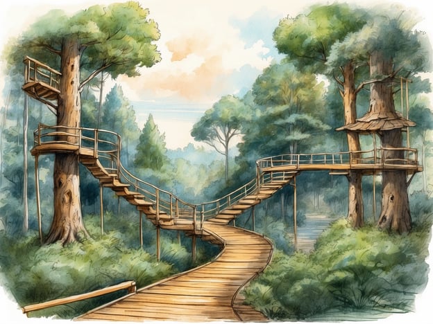 Auf dem Bild ist eine malerische Landschaft mit mehreren Holzkonstruktionen in den Bäumen zu sehen, die durch eine Holzbrücke verbunden sind. Der Ort wirkt einladend und naturnah, umgeben von hohen Bäumen und Grün.
Ein Kletterwald ist ein Freizeitpark, in dem Besucher in einer Waldumgebung von Baum zu Baum klettern können. Er bietet meist verschiedene Parcours mit unterschiedlichen Schwierigkeitsgraden, die mit Seilrutschen, Brücken und Netzen ausgestattet sind. Kletterwälder fördern körperliche Aktivität und Abenteuerlust in der Natur.