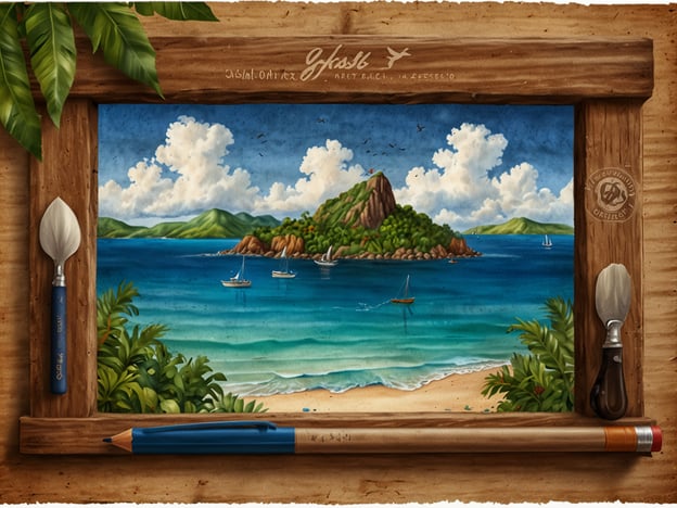 Auf dem Bild ist eine malerische Küstenlandschaft zu sehen, die von einem Holzrahmen umgeben ist. Der Blick zeigt eine tropische Insel mit grünen Hügeln und klarem, blauem Wasser. Segelboote sind im Wasser zu sehen, und der Himmel ist mit verschiedenen Wolkenformationen geschmückt. Um den Rahmen sind Malutensilien wie Pinsel und Stifte angeordnet, was das Gefühl von Kreativität und Kunst fördert.Entdecke die Einzigartigkeit der ABC-Inseln, die für ihre atemberaubenden Strände, türkisfarbenes Wasser und üppige Natur bekannt sind!