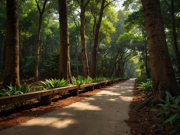 Auf dem Bild ist ein sonnendurchfluteter Waldweg zu sehen, der von hohen Bäumen und üppigem Grün umgeben ist. Solche Szenen sind typisch für Naturparks, die nicht nur als Rückzugsorte für Ökosysteme dienen, sondern auch eine tiefere kulturelle Bedeutung haben.Naturparks bieten den Menschen die Möglichkeit, sich mit der Natur zu verbinden und die Schönheit der Umwelt zu schätzen. Sie dienen als Ort der Erholung, des Lernens und der Inspiration. In vielen Kulturen sind sie zudem wichtige Räume für spirituelle Praktiken und die Bewahrung traditioneller Kenntnisse über die Natur.Darüber hinaus fördern Naturparks das Bewusstsein für Umweltschutz und die Bedeutung der Biodiversität. Sie sind Orte, die sowohl der Erhaltung der natürlichen Ressourcen als auch der Förderung eines nachhaltigen Lebensstils dienen, indem sie den Menschen die direkten Auswirkungen ihrer Aktivitäten auf die Umwelt vor Augen führen.