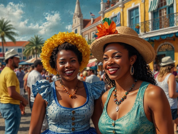 Auf dem Bild sind zwei Frauen zu sehen, die fröhlich aussehen und farbenfrohe Kleider sowie dekorative Hüte tragen. Die lebendige Atmosphäre erinnert an kulturelle Höhepunkte in Willemstad, der Hauptstadt von Curaçao.Willemstad ist bekannt für seine bunte Architektur, insbesondere in der Punda und Otrobanda, die UNESCO-Weltkulturerbe sind. Die Frauen könnten an einem Fest oder einer Veranstaltung in der Stadt teilnehmen, wie zum Beispiel dem Karneval, der für seine farbenfrohen Kostüme und lebendige Musik bekannt ist. Auch das jährliche Festival "Curaçao North Sea Jazz" zieht viele Besucher an und fördert die lokale Kultur. Die gesamte Szene strahlt das karibische Lebensgefühl und die kulturelle Vielfalt der Stadt aus.