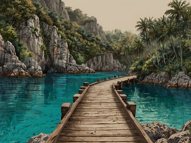Auf dem Bild ist ein malerischer Holzsteg zu sehen, der durch eine ruhige, türkisfarbene Wasserlandschaft führt, umgeben von hohen Felsen und Palmen. Diese idyllische Szenerie lädt zu verschiedenen Aktivitäten ein:1. **Wandern**: Der Steg bietet eine schöne Möglichkeit für entspannte Spaziergänge und Erkundungen der Umgebungen.2. **Fotografieren**: Die atemberaubende Landschaft ist ideal für Landschaftsfotografie, besonders bei Sonnenaufgang oder Sonnenuntergang.3. **Schwimmen**: Das klare Wasser lädt zum Schwimmen und Tauchen ein, um die Unterwasserwelt zu erkunden.4. **Vogelbeobachtung**: Die Umgebung scheint eine reiche Flora und Fauna zu haben, die Vogelbeobachtern spannende Möglichkeiten bietet.5. **Picknicken**: An den ruhigen Stellen am Wasser oder in der Natur kann man ein entspanntes Picknick genießen.Insgesamt ist der Ort ein perfektes Ziel für Entdecker und Erholungssuchende, die die Natur genießen möchten.