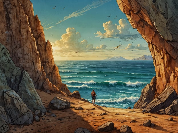 Auf dem Bild ist eine atemberaubende Küstenlandschaft zu sehen. Ein Wanderer steht nahe am Wasser und schaut auf die sanften Wellen des Ozeans, während die Sonne hinter den Bergen aufgeht.
Für abenteuerlustige Aktivitäten könnte man hier Folgendes unternehmen:
1. **Wanderungen entlang der Küste**: Die felsige Strecke bietet zahlreiche Wanderwege mit herrlichen Ausblicken.
2. **Klettern**: Einige der steilen Felsen sind ideal für Kletterenthusiasten.
3. **Kajakfahren**: Das ruhige Wasser lädt dazu ein, die Küste vom Wasser aus zu erkunden.
4. **Vogelbeobachtungen**: Viele Vögel schwirren in der Gegend, perfekt für Ornithologen und Naturfreunde.
5. **Fotografie**: Der Sonnenaufgang und die malerische Landschaft bieten ideale Motive für Fotografen.
Diese Erfahrungen würden das Abenteuer in dieser schönen Umgebung sicherlich bereichern!