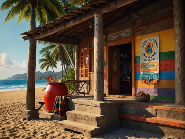 Auf dem Bild ist eine malerische Strandhütte zu sehen, die eine entspannte und tropische Atmosphäre ausstrahlt. Die Hütte ist aus Holz und hat eine farbenfrohe Wandgestaltung, die die kulturelle Vielfalt und Lebensfreude des Küstenlebens widerspiegelt. Umgeben von Palmen und in unmittelbarer Nähe zum Meer, vermittelt der Anblick ein Gefühl von Ruhe und unmittelbarem Kontakt zur Natur.Vor der Hütte steht ein großer, roter Blumentopf, der mit bunten Blumen gefüllt ist, was die Bedeutung von Natur und Farben im lokalen Lebensstil unterstreicht. Das Umfeld ist einfach und traditionell, was oft mit ländlichen Kulturen und einer Entschleunigung des Lebensrhythmus assoziiert wird. Die Strandszene und die Architektur der Hütte weisen auf eine Kultur hin, die Wert auf Gemeinschaft, Naturverbundenheit und ein einfaches, aber erfülltes Leben legt.