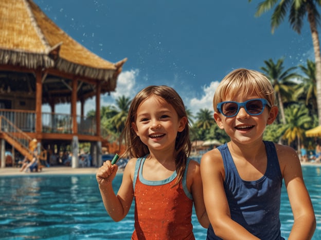 Auf dem Bild sind zwei fröhliche Kinder zu sehen, die am Rand eines Schwimmbeckens stehen. Sie haben viel Spaß und genießen einen sonnigen Tag. Die Umgebung ist tropisch, mit Palmen im Hintergrund und einem charakteristischen Gebäude, das wie eine Strandbar oder ein Spielplatz aussieht. Die Kinder tragen bunte Badebekleidung und Sonnenbrillen, was auf einen Tag am Pool oder am Strand hindeutet.Solche Aktivitäten sind ideal für Familien, da sie den Kindern die Möglichkeit bieten, im Wasser zu spielen, neue Freundschaften zu schließen und die Natur zu erkunden. Es ist eine großartige Gelegenheit für gemeinsame Erlebnisse und unvergessliche Ferienmomente!