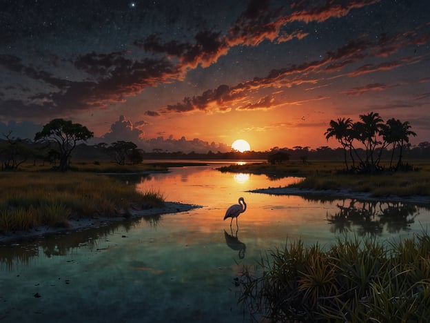 Auf dem Bild ist eine malerische Landschaft bei Sonnenuntergang zu sehen, die eine besondere Atmosphäre ausstrahlt. Die Kombination aus warmen Farben des Himmels und der ruhigen Wasseroberfläche schafft eine idyllische Stimmung.Besondere Erlebnisse könnten hier das Beobachten von Wildtieren in ihrer natürlichen Umgebung sein, wie etwa die Eleganz eines Flamingos, der im Wasser steht. Solche Szenen sind oft in Naturreservaten oder Nationalparks zu finden, wo Besucher die Vielfalt der Tierwelt und die atemberaubende Schönheit der Landschaft genießen können.Attraktionen in dieser Umgebung könnten geführte Boots- oder Safaritouren sein, die es den Besuchern ermöglichen, die Tierwelt hautnah zu erleben, sowie beeindruckende Wanderwege und Aussichtsplattformen, um den Sonnenuntergang optimal genießen zu können.