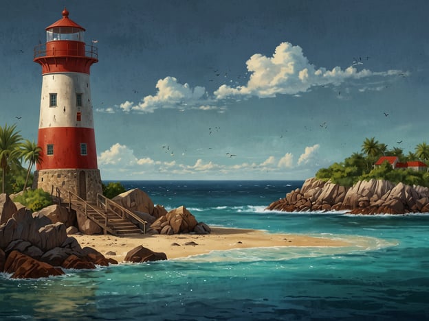 Auf dem Bild ist ein malerischer Leuchtturm zu sehen, der an einer Küste steht. Der Leuchtturm ist rot und weiß gestrichen und umgeben von einer tropischen Landschaft mit Palmen und Felsen. Im Hintergrund sieht man das glitzernde, türkisfarbene Wasser des Meeres sowie einige Wolken am Himmel. Die Szene strahlt eine ruhige, idyllische Atmosphäre aus und könnte typisch für die Vielfalt der ABC-Inseln sein, wo Natur und maritime Schönheit harmonisch zusammenkommen.