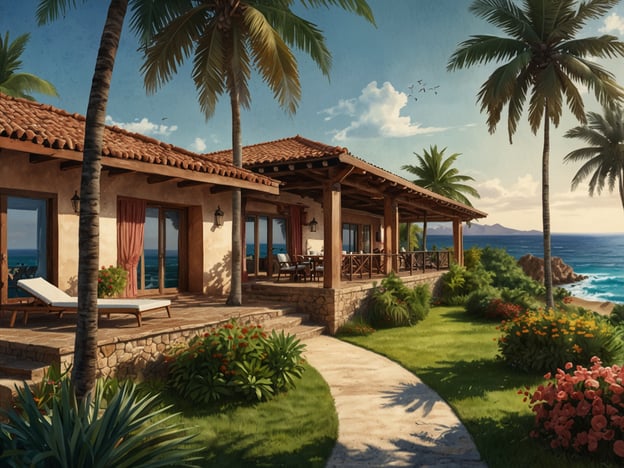 Auf dem Bild ist eine malerische Unterkunft zu sehen, die direkt am Meer liegt. Es handelt sich um ein charmantes Haus im spanischen Stil mit einem großen Veranda-Bereich, umgeben von üppigem Grün und blühenden Pflanzen. Die Palmen geben dem Ort ein tropisches Flair, und die Aussicht auf das Wasser sorgt für eine entspannende Atmosphäre. Diese Art von Unterkunft ist ideal für Gäste, die eine ruhige und malerische Umgebung suchen – egal ob in einem luxuriösen Resort oder in einer budgetfreundlichen Ferienwohnung, für jeden Geldbeutel gibt es passende Optionen.