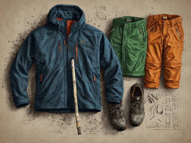 Auf dem Bild ist eine Auswahl an essentieller Bekleidung für das Skiwandern zu sehen. Dazu gehören:1. **Jacke**: Eine wasser- und winddichte Jacke mit Kapuze, ideal für den Schutz vor Kälte und Nässe.2. **Hosen**: Zwei verschiedene Varianten von Funktionshosen, die für Bewegung und Wetterbeständigkeit ausgelegt sind.3. **Schuhe**: Robuste, wetterfeste Wanderschuhe, die guten Halt auf unebenem Gelände bieten.4. **Skistock**: Ein Skistock, der beim Skiwandern für Stabilität und Unterstützung dient.Diese Ausrüstung ist wichtig, um bei kalten und wechselhaften Bedingungen gut vorbereitet zu sein.