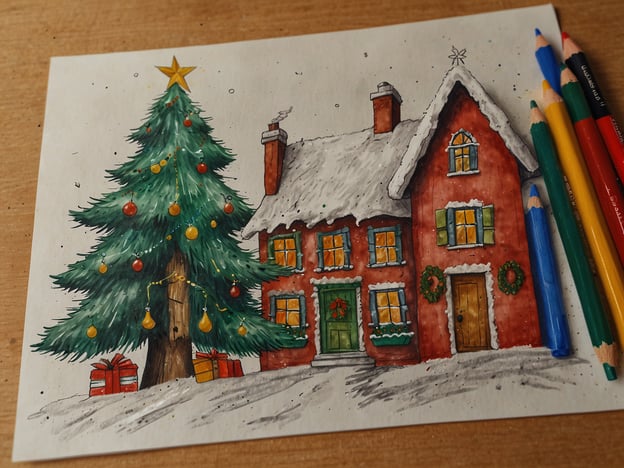 Auf dem Bild ist eine farbenfrohe Weihnachtszeichnung zu sehen. Es zeigt ein gemütliches, rot gestrichenes Haus mit einem schneebedeckten Dach, grünen Fensterläden und festlich geschmückten Fenstern. Neben dem Haus steht ein prächtiger Weihnachtsbaum, der mit bunten Ornamenten und Lichtern geschmückt ist. Unter dem Baum liegen einige Geschenke.Diese Szene erinnert an Familienfreundliche Veranstaltungen wie das gemeinsame Weisen von Weihnachtsliedern, das Basteln von Dekorationen oder das Backen von Plätzchen. Es lädt auch zu Aktivitäten wie dem Schmücken des Weihnachtsbaums oder dem Besuch von Weihnachtsmärkten ein.