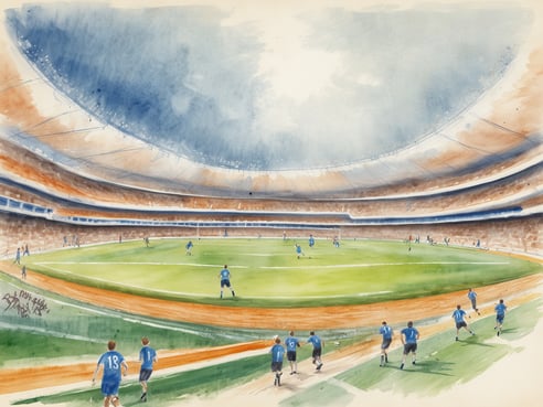 Eine watercolor Darstellung eines Fußballstadions, das von der Innenansicht gezeigt wird. Auf dem Spielfeld sind mehrere Spieler in blauen Trikots zu sehen, die aktiv am Spiel teilnehmen. Im Hintergrund sind die Tribünen des Stadions mit leeren Sitzplätzen erkennbar. Der Himmel ist hell und bewölkt, was eine sportliche Atmosphäre schafft. Die Szene vermittelt das Gefühl von Dynamik und Begeisterung für den Fußball.