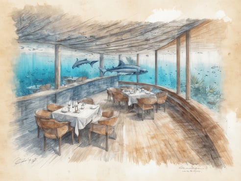 Ein stilvolles Unterwasserrestaurant in den Malediven ist abgebildet, das von einer sanften blauen Wasserwelt umgeben ist. Durch große Fenster sieht man verschiedene Fische und eine Haifischart, die elegant vorbeischwimmen. Im Inneren des Restaurants stehen elegante Holztische mit festlich gedeckten Tischen, umgeben von Komfortsesseln. Das Ambiente vermittelt eine ruhige und exklusive Atmosphäre. Die Kombination aus moderner Architektur und natürlicher Unterwasserwelt schafft eine einzigartige kulinarische Erfahrung.