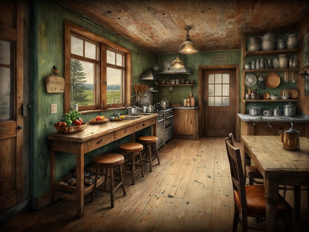 Auf dem Bild ist eine gemütliche, rustikale Küche zu sehen, die ein einladendes Ambiente ausstrahlt. Der lange Holztisch ist mit frischen, bunten Obstsorten und Gemüse geschmückt, was auf kulinarische Genüsse hindeutet. Hier könnte man wunderbar kochen und genießen.Die offenen Regale sind mit verschiedenen Kochutensilien, Töpfen und Geschirr gefüllt, was die Vorfreude auf kreative Kochabenteuer weckt. Die Fenster bieten eine schöne Aussicht ins Freie und lassen viel Licht herein, was die Atmosphäre zusätzlich aufwertet.Solch eine Umgebung lädt also nicht nur zum Schlemmen ein, sondern auch dazu, in geselligem Kreis Zeit zu verbringen – ein idealer Ort für ein entspanntes Essen oder gesellige Abende mit Freunden und Familie.